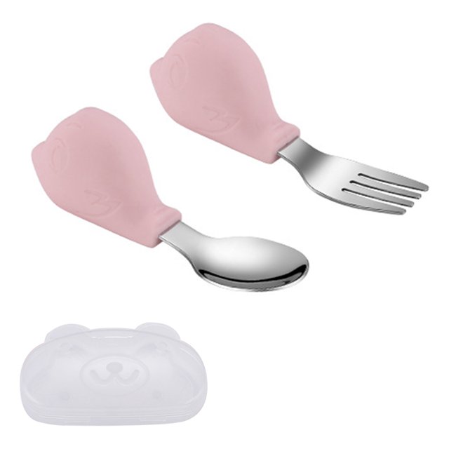 Juego de tenedor y cuchara para bebé Hukapapa con caja portátil Equipo de entrenamiento para bebés Juego de vajilla para niños con autoalimentación - Pájaro