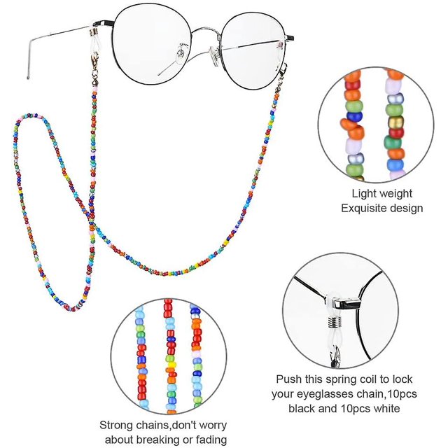 Cadena para anteojos, Paquete de 5 Cadena para anteojos Cadena para anteojos antideslizante con 10 pares de ganchos para las orejas, Cadena para anteojos de sol con cuentas coloridas Cordón Retenedor para anteojos, Ojo LingWen 1327533412346