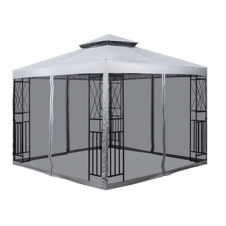 10  x 10  Patio Gazebo with Mosquito Net and Corner Shelves  Light Gray