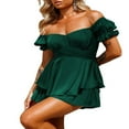 thumbnail image 4 of Women Boho Romper Off Shoulder Double Layer Ruffle Hem Chiffon Short Fairy Princess Mini Dress Jumpsuit Playsuits Black L, 4 of 8