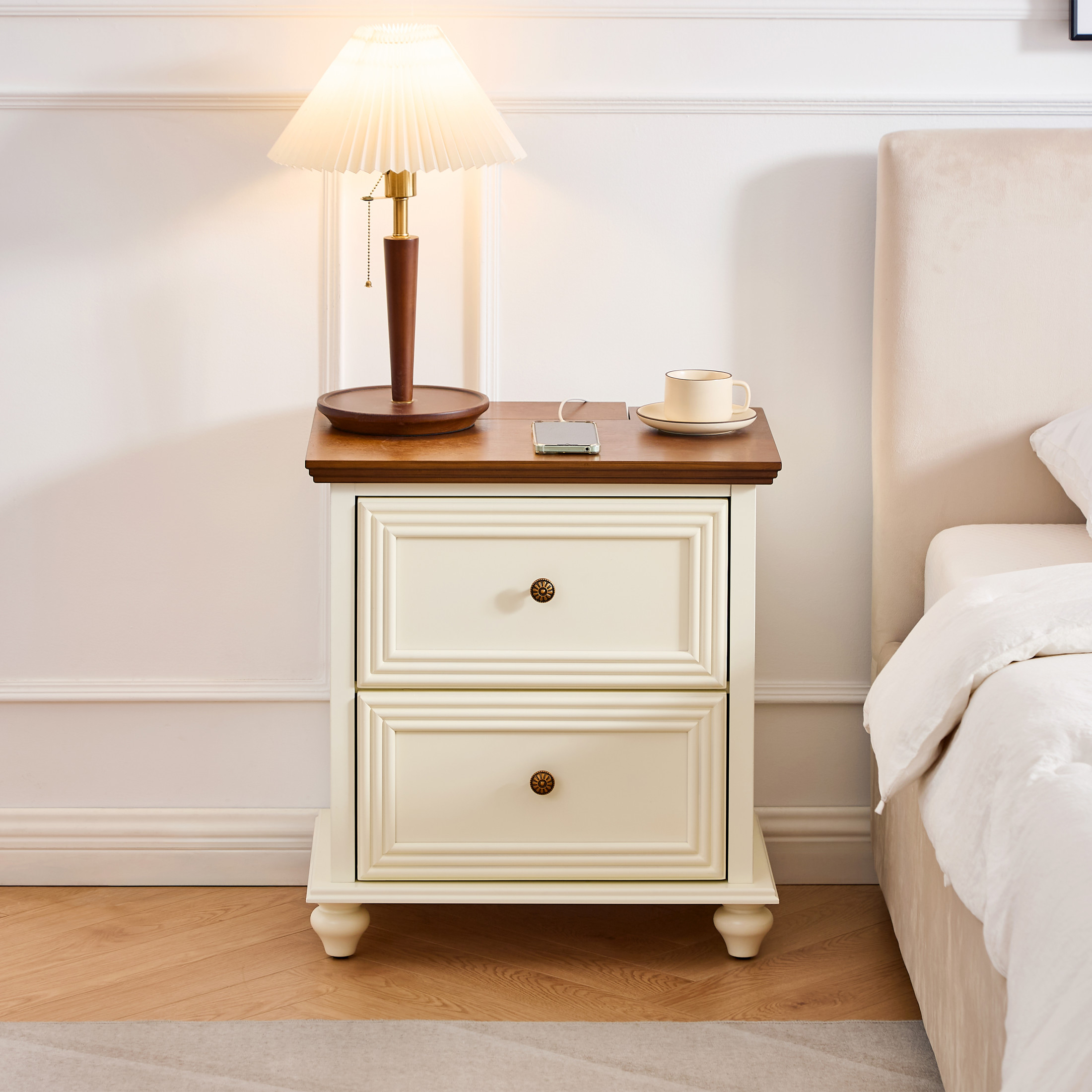 GDF Studio 22.9" Mid Century Modern Nightstand with Charging Station, 2 Drawers & Outlet, Brown+White