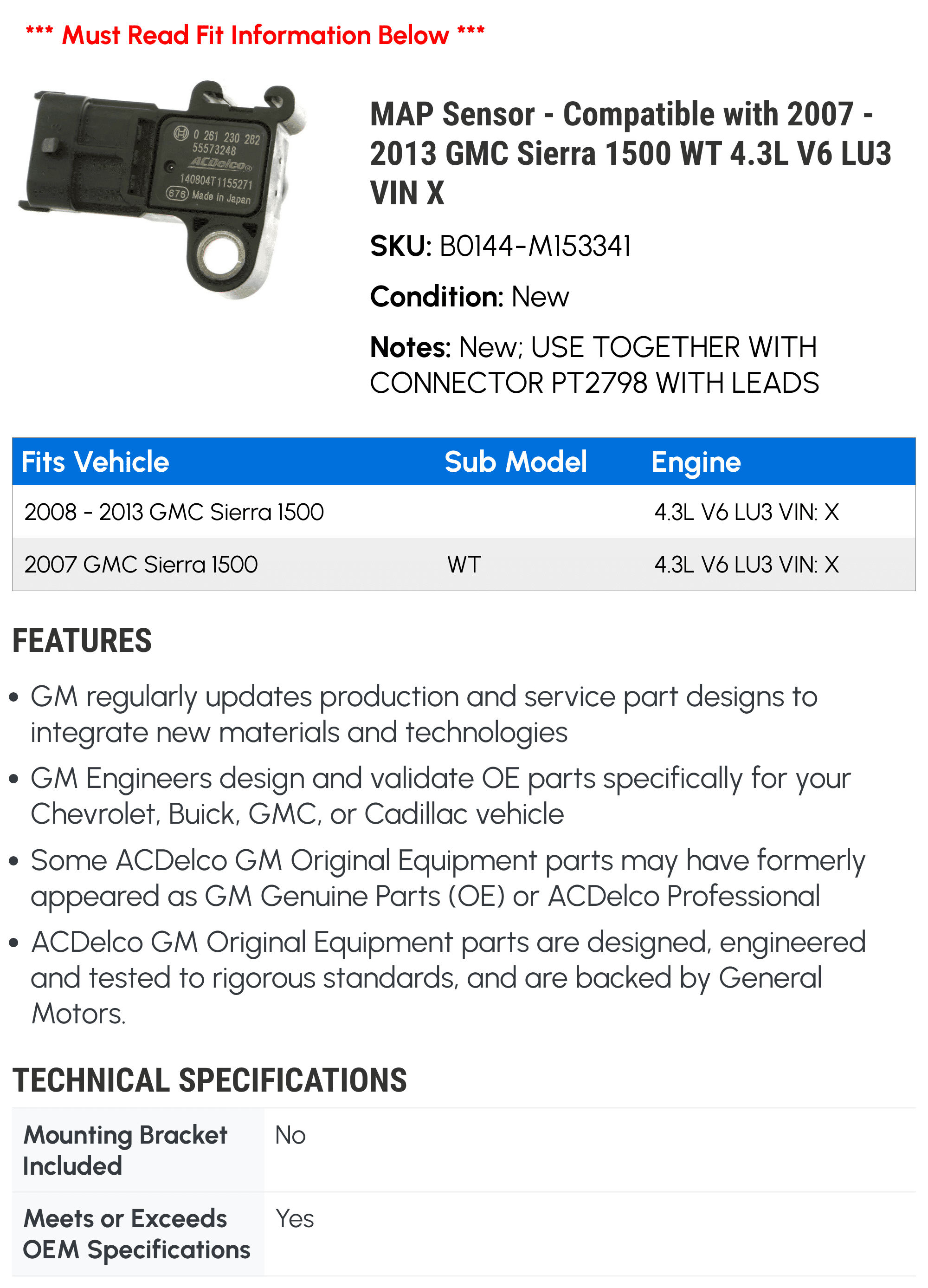 MAP Sensor - Compatible with 2007 - 2013 GMC Sierra 1500 WT 4.3L V6 LU3 VIN X - AC Delco