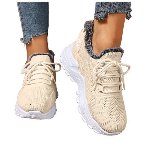 Pandaie Womens Orthopedic Walking Shoes Plantar Fasciitis Breathable Slip on Sneakers Comfortable Fleece Lined Casual Winter Running Shoes Beige Size 6