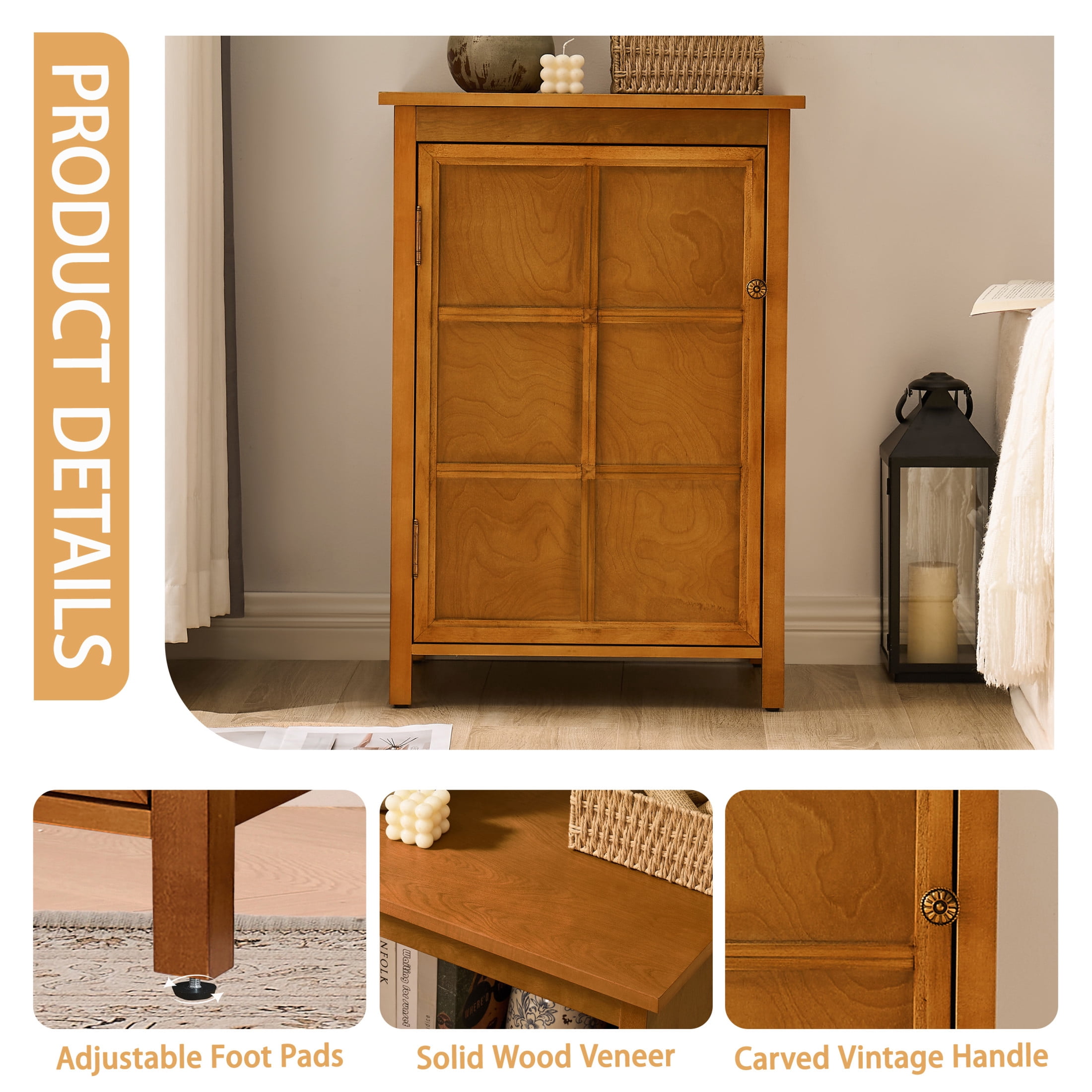 GDF Studio 34.2" Tall Mid-Century Modern Floor Cabinet with Door & Adjustable Shelf, Walnut