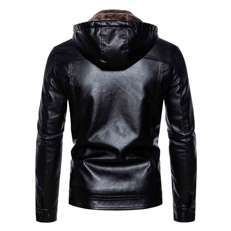 jjayotai Mens Hooded Leather Jacket, Winter Fleece Slim Fit Coats