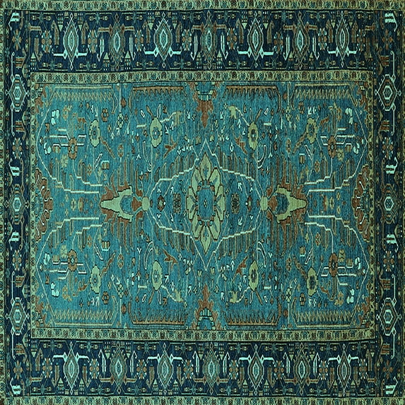Ahgly Company Machine Washable Indoor Square Oriental Turquoise Blue Industrial Area Rugs, 6' Square