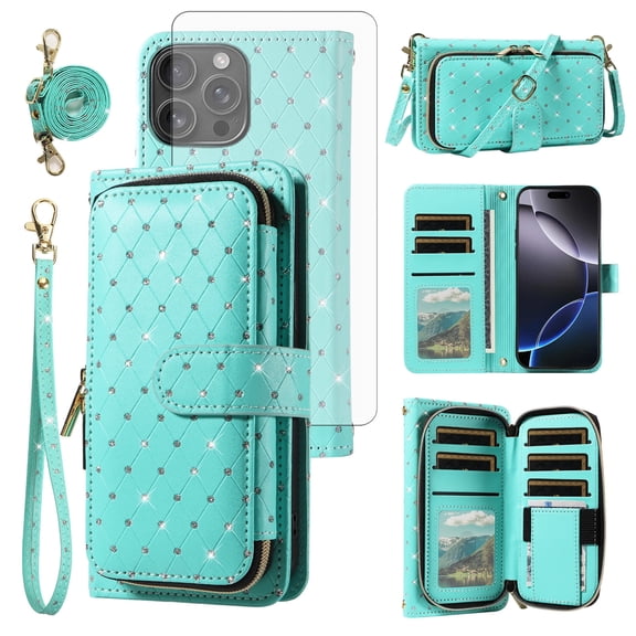 Compatible with iPhone 16 Pro Max 6.9 inch Wallet Phone Case Tempered Glass Screen Protector Bling Glitter Crossbody Lanyard Strap Flip Zipper Purse Card Holder Cell Cover for iP 16 i16PM Women Green