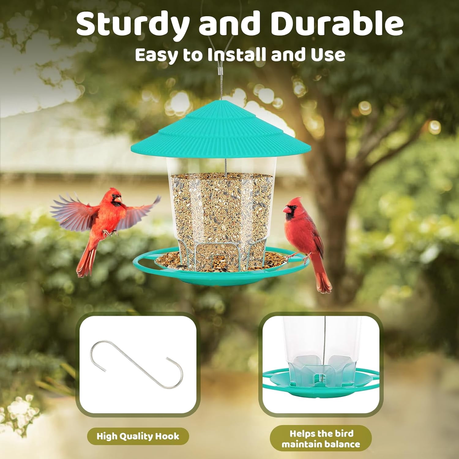 Bird Feeder for Outdoors, Heavy-Duty Plastic with Secure Hook Hanging Bird Feeders for Outdoors Squirrel Proof, Durable Birdseed Feeders, Green