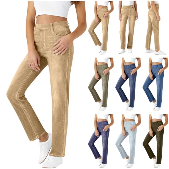 QATAINLAV Women's Straight Leg False Jeans Slim Fit Stretch High Waist Leggings Solid Color Casual Work Yoga Pants with Pockets, Yellow, XXL
