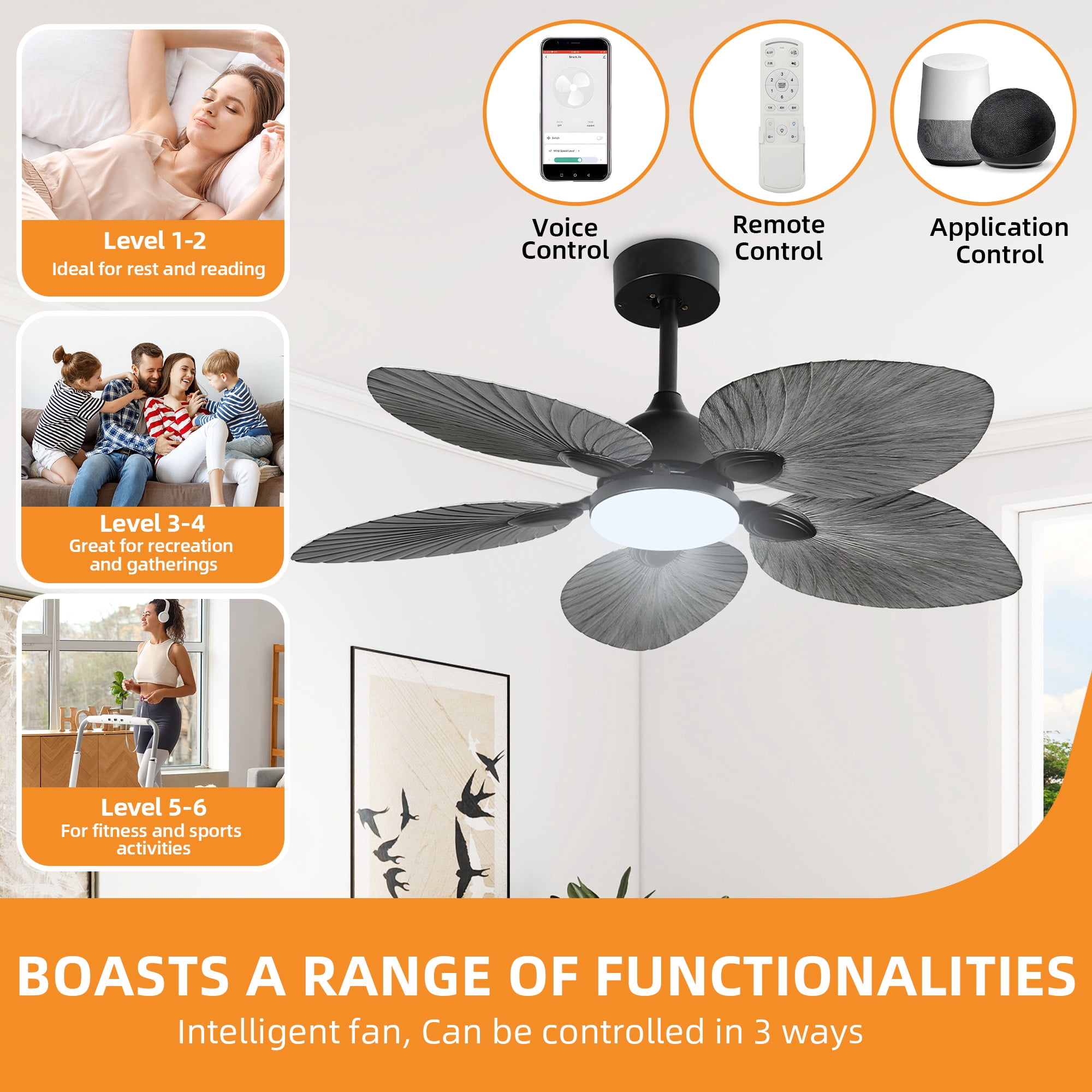 Craftian 42" Tropical Smart Ceiling Fan with LED Light & Remote, Alexa & Google Compatible, Quiet Reversible DC Motor, 5 Palm Leaf Blades - Gray