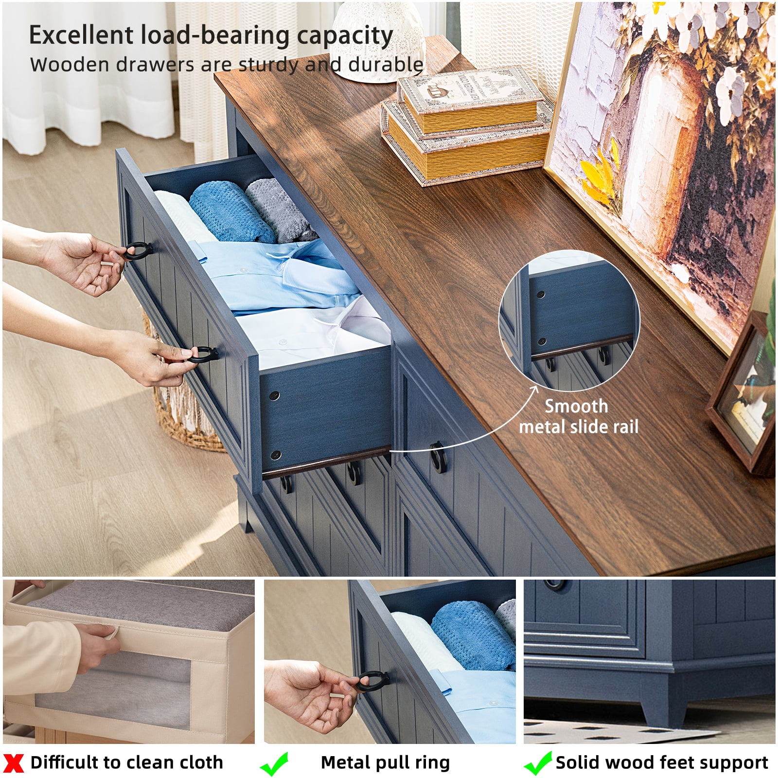 6 Drawer Dresser, Mid Century Modern Dresser with Storage, 54" Wide Chest of Drawers with Wood Grain Texture for Bedroom, Living Room, Hallway, Blue
