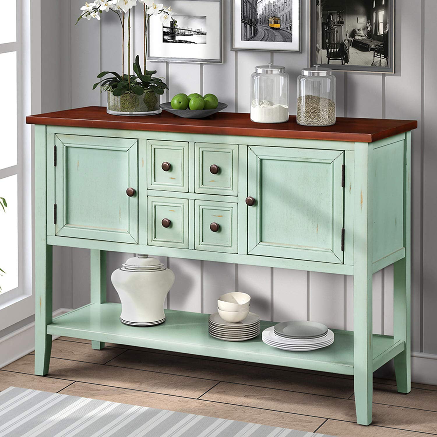 Clearance 46 Buffet Cabinet Sideboard Wood Console Table Storage Cabinet With Four Storage Drawers Two Cabinets And Bottom Shelf For Dining Room Home Furniture Antique Blue I7972 Walmart Com Walmart Com