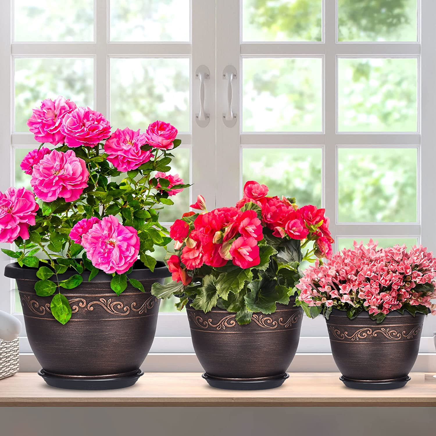 8 inch Plastic Flower Pot with Drainage Hole, Pots for Plants (6 Pack)