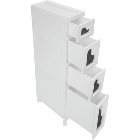 Slim Bathroom Storage Cabinet,Floorstanding Storage Rack with Movable Wheels,Waterproof Narrow Organizer for Small Spaces,White (4-Tiers)