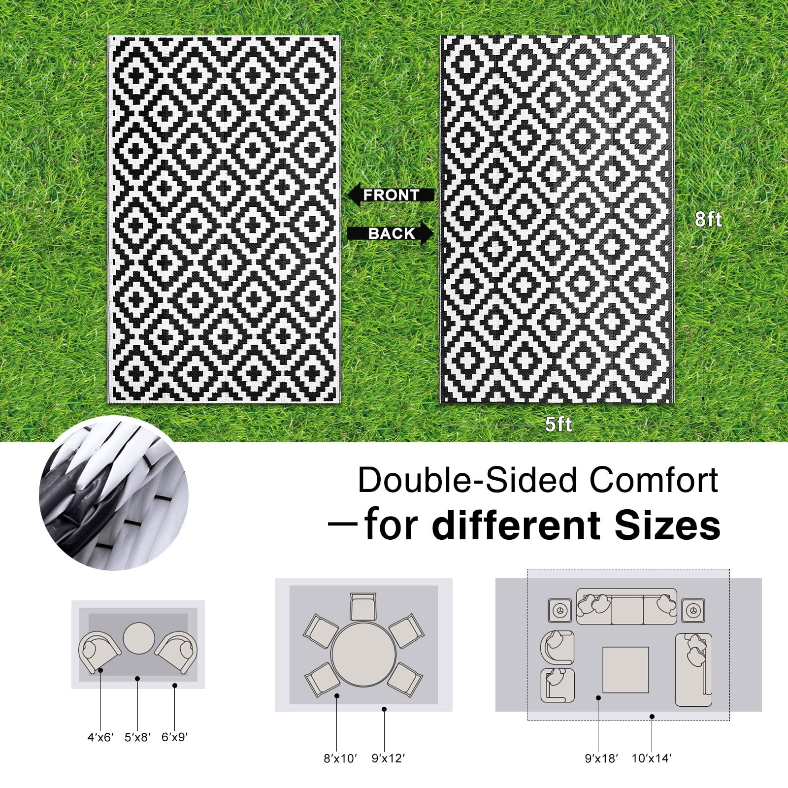 Smiry Outdoor Rug 5x8, Waterproof Reversible Plastic Outdoor Mat, Indoor Outdoor Rugs for Patio, RV, Deck, Porch, Black & White