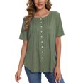 thumbnail image 2 of Women Summer Button Up Front Tops Shirts Casual Loose Pullover T-shirt Round Neck Pleated Tunic Blouses for Ladies Comfy Plain Tee, 2 of 9