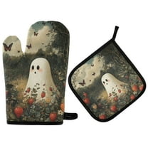Yayeee Oven Mitts and Pot Holder Set of 2 Heat Resistant Kitchen Gloves Baking Hot Pad, Ghost in Strawberry Fields