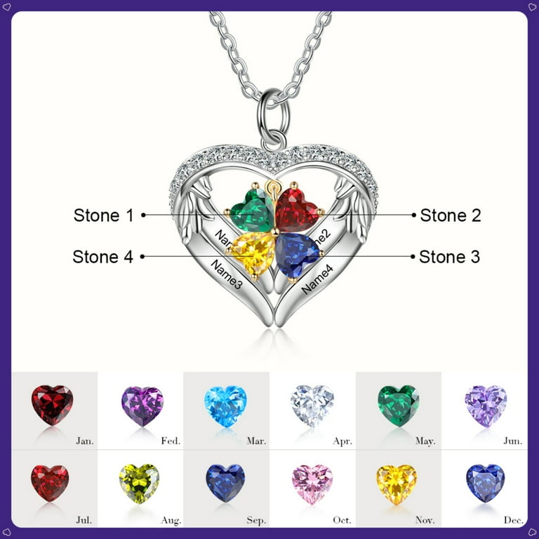 Personalized Mother's Name Necklace - Sterling Silver With 1-8 Simulated Birthstones, Custom Heart Design