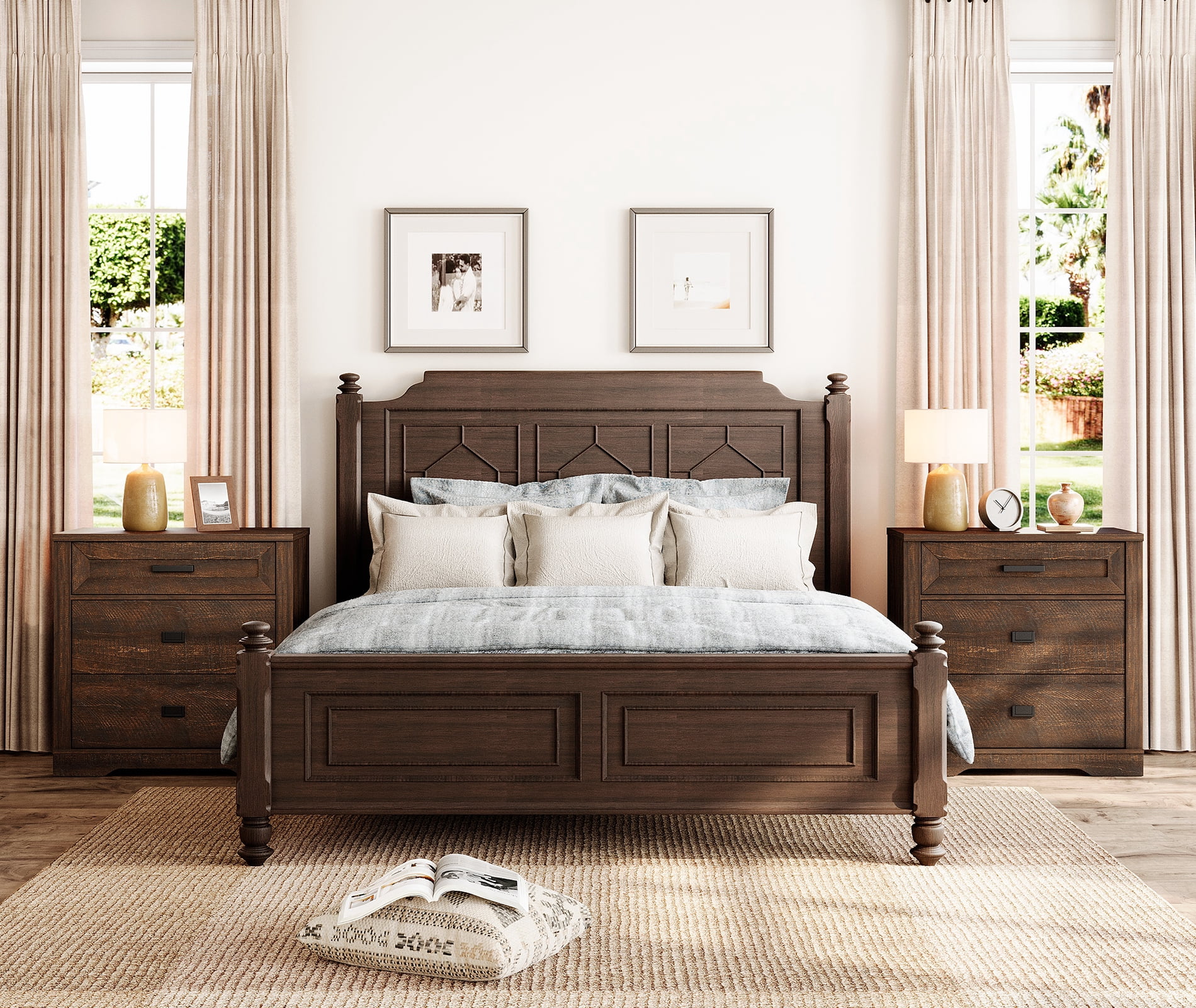WAMPAT 31.5 inch Wide Large Nightstand Set of 2, 32 inch Tall Oversized Modern Farmhouse Bedside Table with Large Drawers 2-Piece Set for Bedroom,Dark Brown