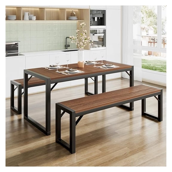 Kitchen Dining Table Set for 4 with Benches, Rustic Small Space Saving Dinette, Heavy Duty Metal Frame