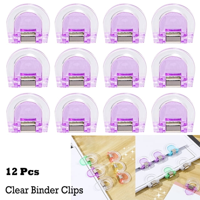 Lksixu 12 Pcs Clear Binder Paper Clips, Small Plastic Paper Clamps, Multi-Functional File Organizing Clips, Reusable Snack Bag Sealing Clips Colorful Spring Clips Office Supplies, Purple