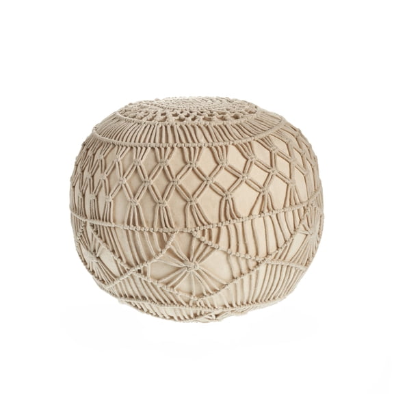 Laddha Home Designs 20" Beige Macrame Hand Knotted Round Pouf Ottoman
