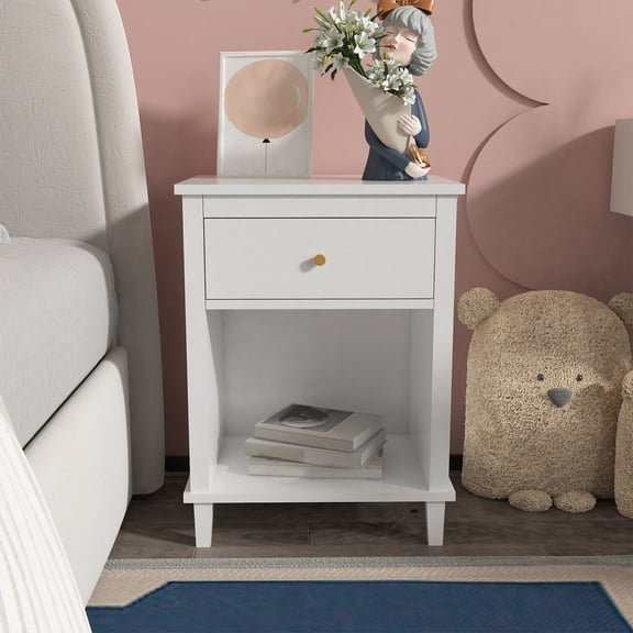 Kids Nightstand with Drawer & Open Shelf - Solid Color Toddler Bedside Table, Thickened MDF Storage Organizer for Bedroom, Playroom, Nursery