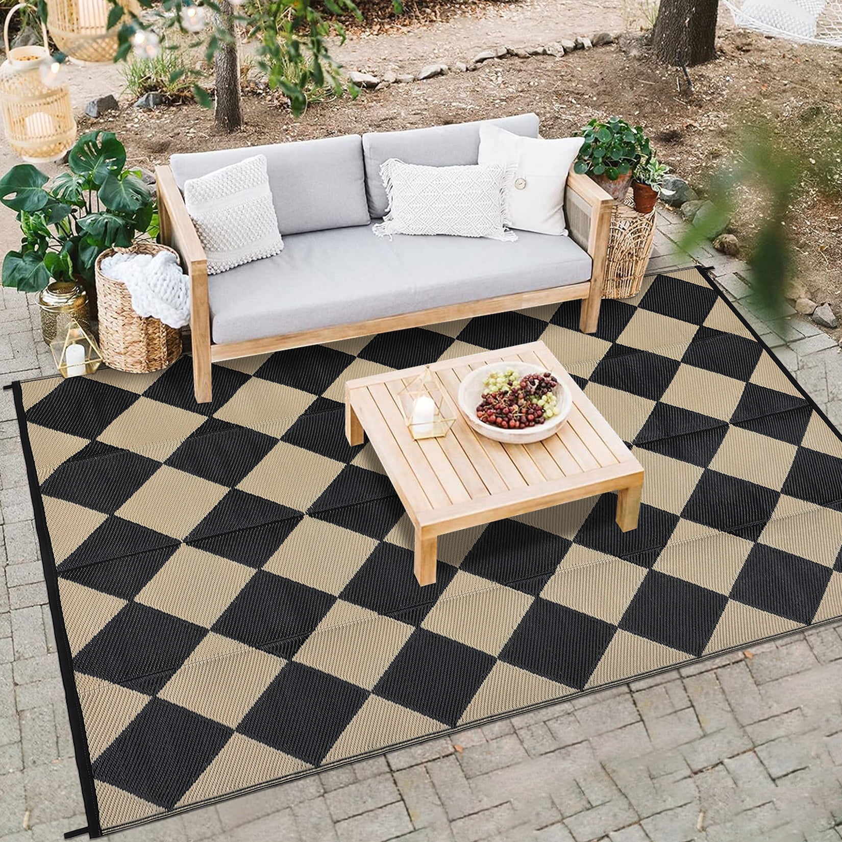 GlowSol 9x18 Outdoor Rug Waterproof Carpet Patio Rug Indoor Outdoor Area Rug Reversible Rug for Picnic Beach Deck-Outdoor, Black/Coffee
