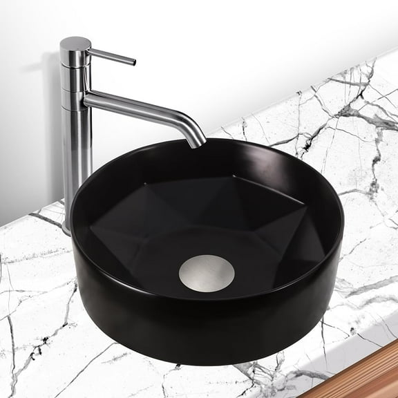 Strictly Sinks Round Ceramic Luxury Vessel Sink - 16 Inch Modern Countertop Bathroom Sink Black