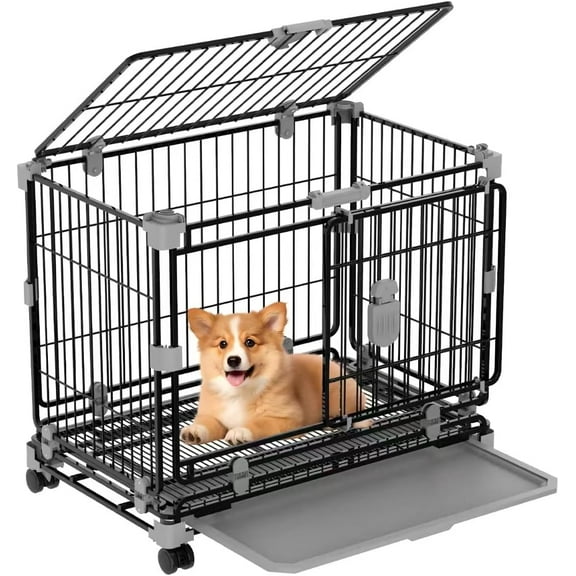 24" Dog Crate for Small Dogs, Double Door Dog Kennel with Removable Trays & Lockable Wheels, Escape Proof Metal Pet Cage, Stackable Indestructible Puppy Crate Indoor