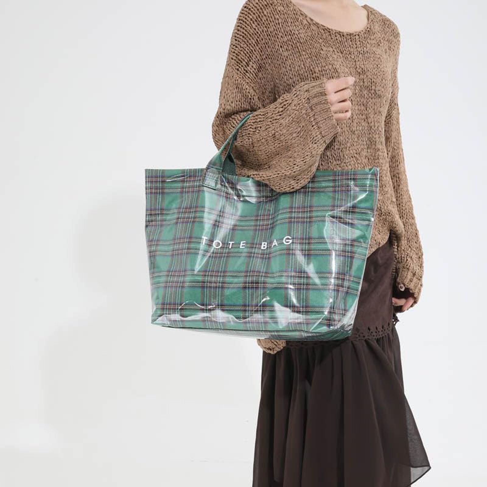 Comefolife Christmas Green Plaid PVC Tote Bag for Women Vintage Christmas Buffalo Check Tote Bag Plastic Handbag