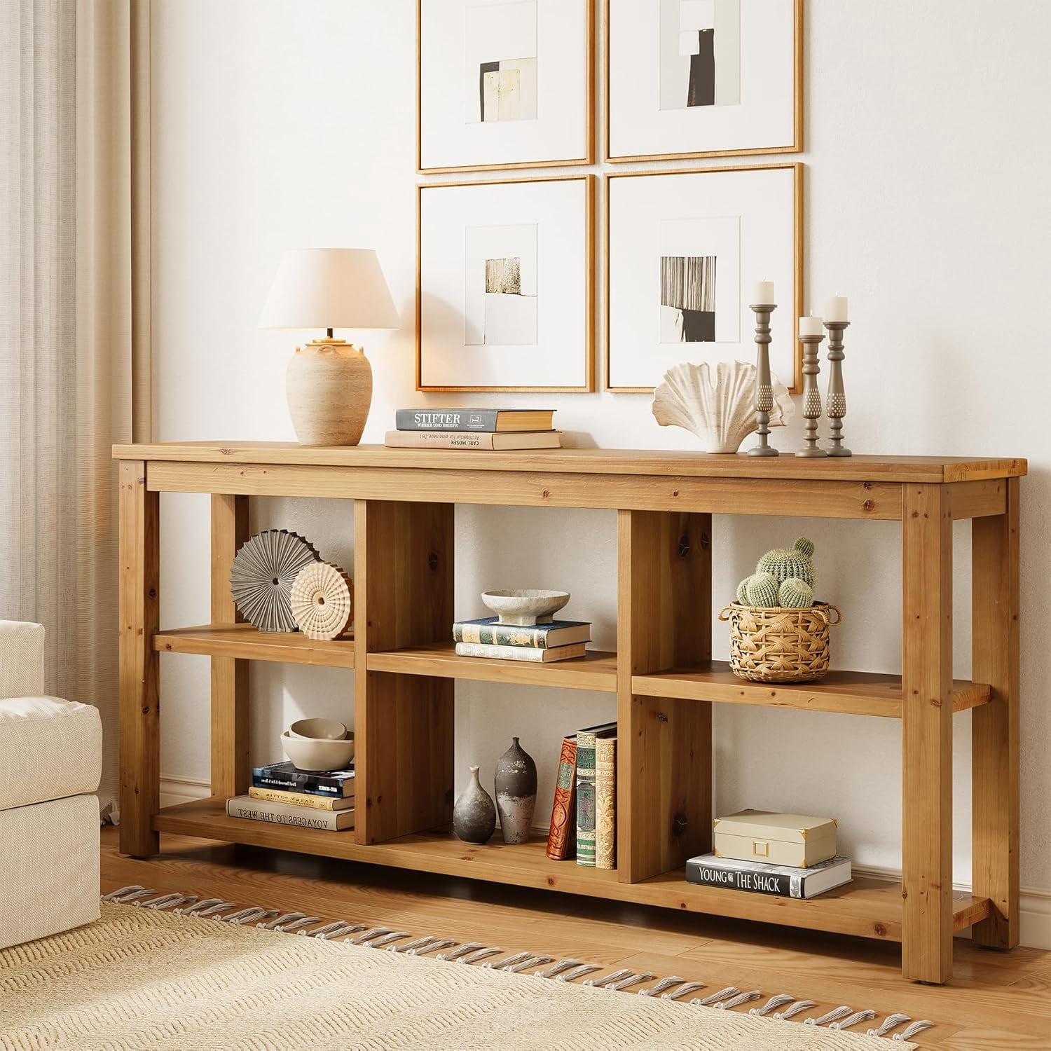 Tribesigns Solid Wood Horizontal Bookcase with Adjustable Shelves, 6 Cubes Storage Organizer Long Bookshelf, Farmhouse Low Cubby Bookcase for Living Room, Home Office, 63 Inches