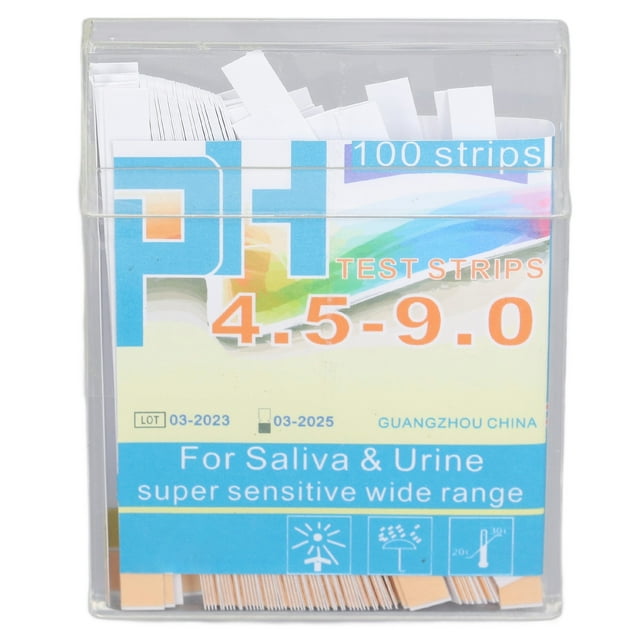 PH Test Strip, 100Pcs Urine Test Strips Quick Testing for Water, featuring a pH testing range of 4.5 to 9.0. The image shows a transparent storage box containing 100 litmus paper strips, with a label indicating suitability for saliva and urine testing. The label also highlights its wide application for schools, laboratories, drinking water, swimming pools, aquariums, and more. The packaging includes a color chart for easy pH value comparison.