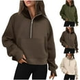 thumbnail image 2 of Chandail à Col Rond Femme Automne Hiver Uni Doublé en Molleton Quart de Fermeture Éclair Col Montant Chandail de Base à Enfiler avec Poche avant Chandail Femme Vert m, 2 of 4