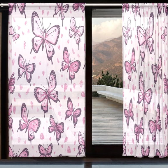 BZSMCE Curtains 110/118 Inch Long French Curtains Pink Butterfly Bliss Print For Farmhouse Bedroom Curtains Window Curtain Set 2