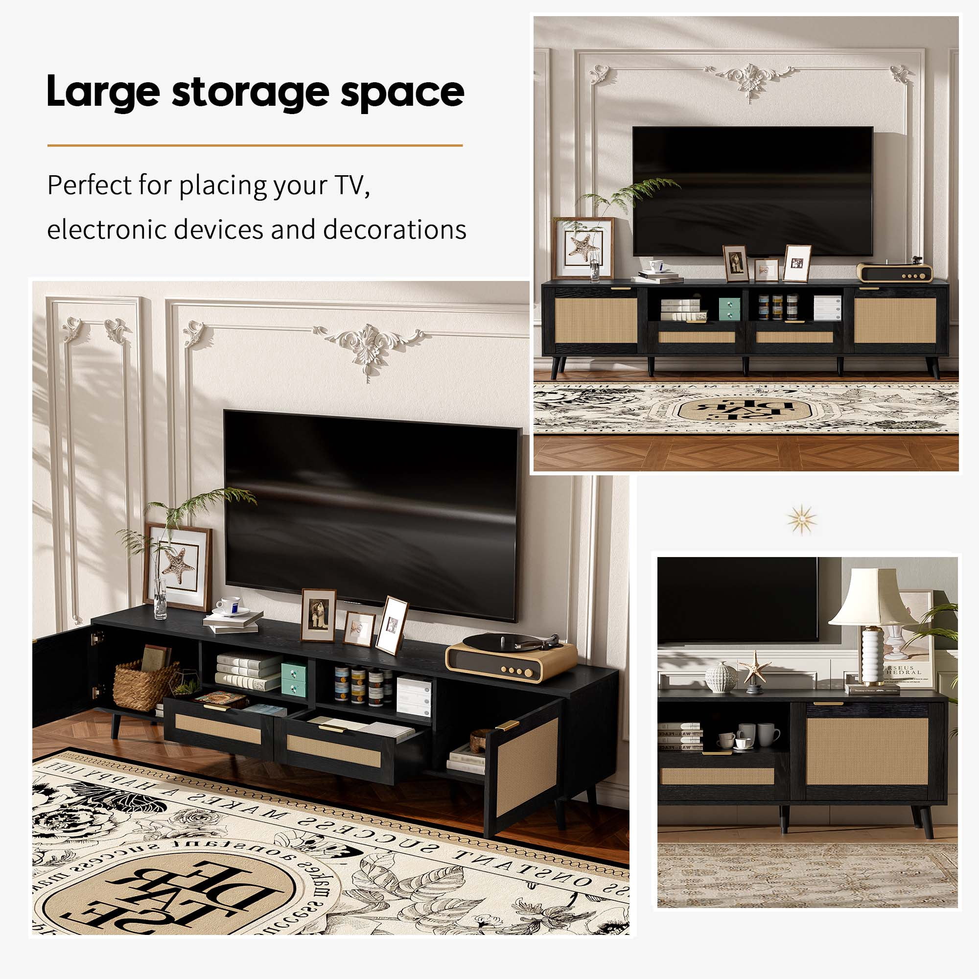 Aukfa Rattan TV Stand for TVs up to 85", Farmhouse Media Console for Living Room Bedroom,Black