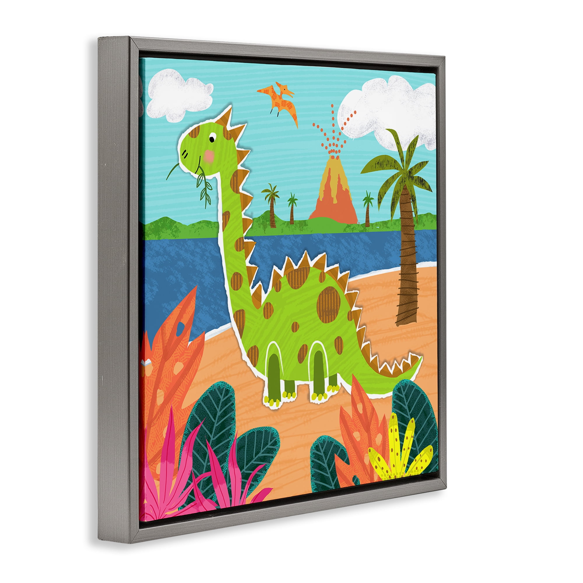 Stupell Industries Dinosaur on Beach Animals Painting Gray Floater Framed Canvas Art Print Wall Art, 25 x 25