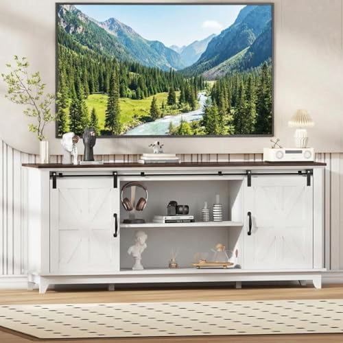 Farmhouse TV Stand for 75 Inch TV, Wood Entertainment Center with Barn Doors, Adjustable Shelves & Cabinets for Living Room, Brown/White