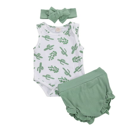 

jaweiw Baby Girls Summer Outfits Set Sleeveless Cactus Print O-neck Romper+Solid Color Ruffle Shorts+Headband