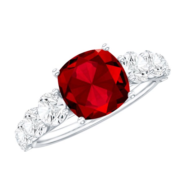 Rosec Jewels 3.25 CT Cushion Cut Created Ruby Ring with Moissanite Side Stones, 925 Sterling Silver, US 4.00