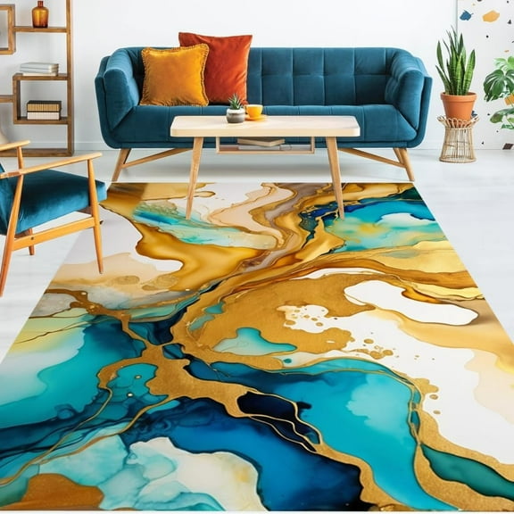 Modern Aesthetic Abstract Decor Blue Beige Gold Marble Soft Rug For Living Room Bedroom Machine Washable Carpet Under Diningroom Table Luxury Guestroom Home Office Floor Rug 2x3ft