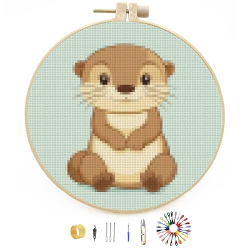 Cartoon Cute Otter Easy Stamped Cross Stitch Kits for Beginners with Hoop Simple Patterns 11CT Counted Embroidery Needlepoint Crafts Arts for DIY Enthusiasts and Home Decor 26x26cm(1)
