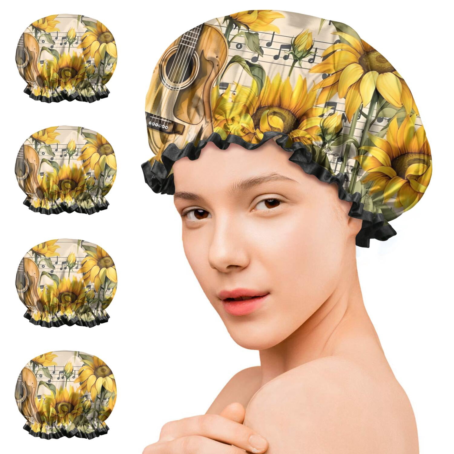 Shower Caps,Beige Music Sunflower Guitar Pattern Waterproof Shower Cap for Women 4 Pieces,Double Reusable Hair Cover for Shower PEVA Elastic Stretch Hem