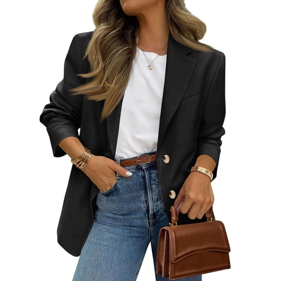 Women’s Casual Long Sleeve Notched Lapel Blazer Lightweight Single Breasted Work Office Jacket for Daily Wear Black L