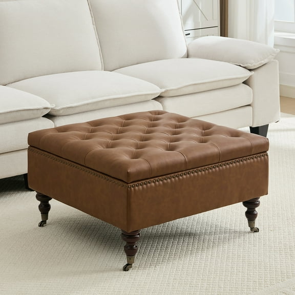 JURANYAZHU Storage Ottoman Bench, Tufted Upholstered Seat with Hidden Storage, Multi-Functional Coffee Table and Foot Rest for Living Room, Brown