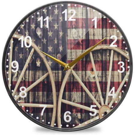 Wellsay Two Antique Wagon Wheels Pattern Wall Clock Silent Non Ticking 12 Inch Round Easy to Read for Home Office School Clock