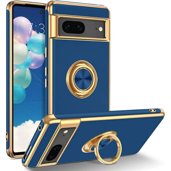 Google Pixel 7 Case, Pixel 7 Phone Case 6.3 Inch 2022 with 360° Rotatable Ring Holder Stand Magnetic Kickstand Finger Loop Men Women Girls Slim Soft Shockproof Protective Cover, Navy Blue