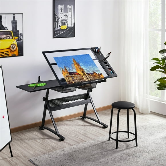 Yaheetech Height Adjustable Glass Drafting Table & Stool Set with 2 Drawers, Black