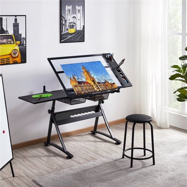 Yaheetech Height Adjustable Glass Drafting Table & Stool Set with 2 Drawers, Black