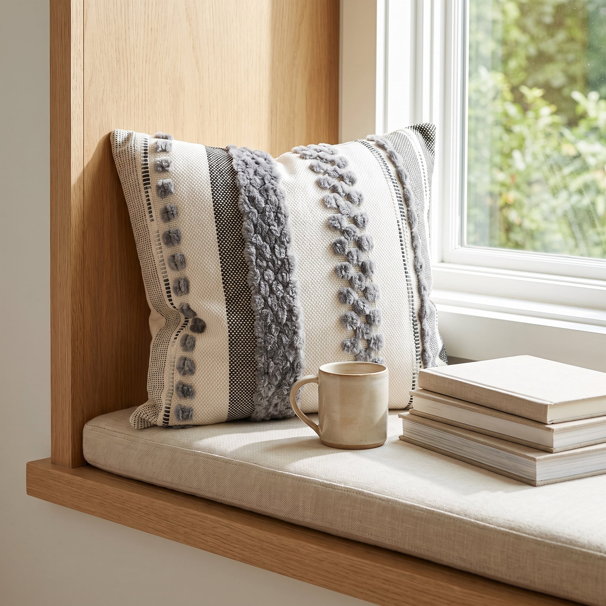 Unique Bargains 3D Chenille Tufted Throw Pillow Cover Grid Stripe Case Light Grey 18"x18"